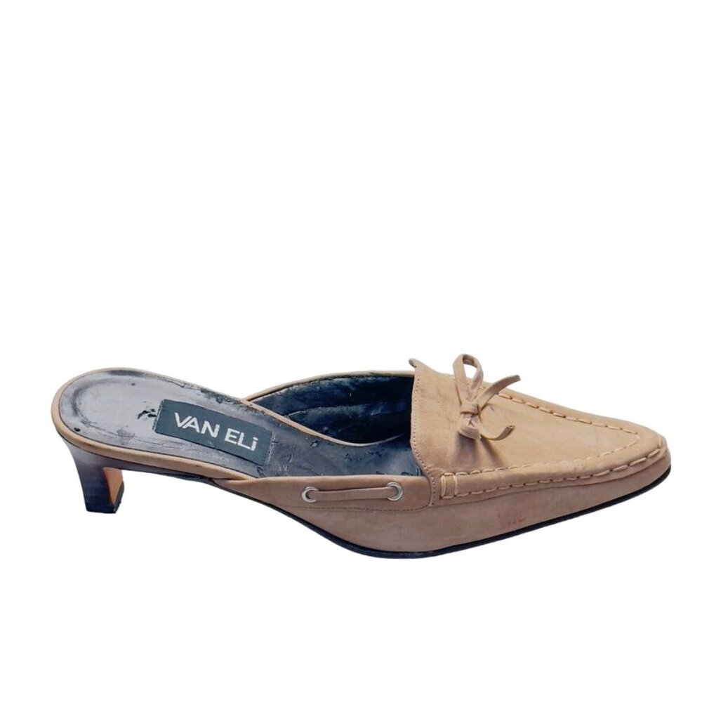VAN ELI Womens Shoes Beige Suede Leather Kitten Heel Mules Moccasin Look Size 7M - Picture 9 of 13